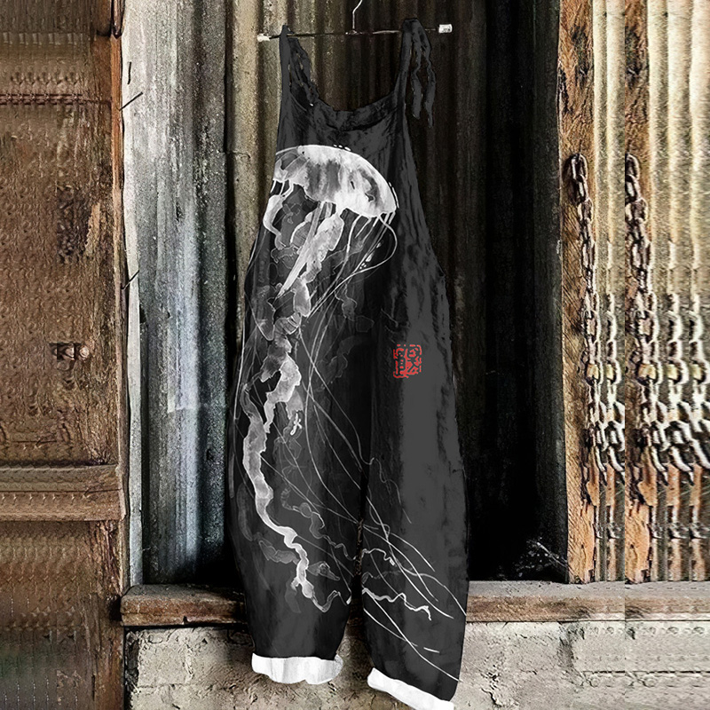 Japanese Art Jellyfish Print Casual Linen Blend Jumpsuit