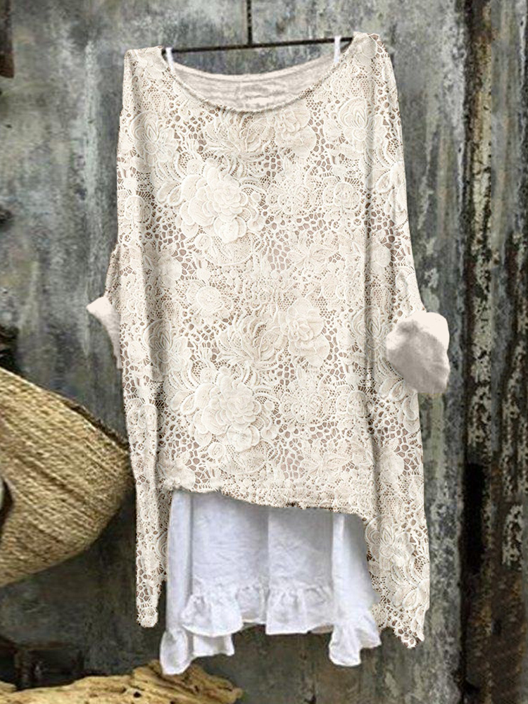 Vintage Floral Lace Embroidered Linen Blend Flowy Tunic