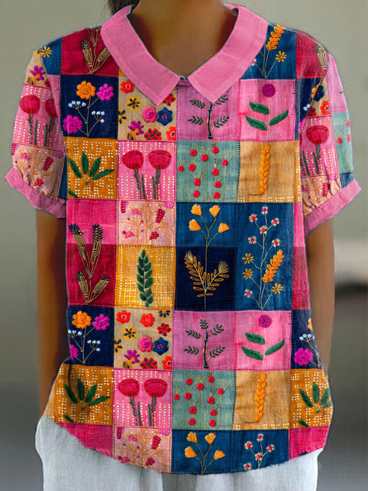 Patchwork Art Floral Embroidery Pattern Linen Blend Shirt