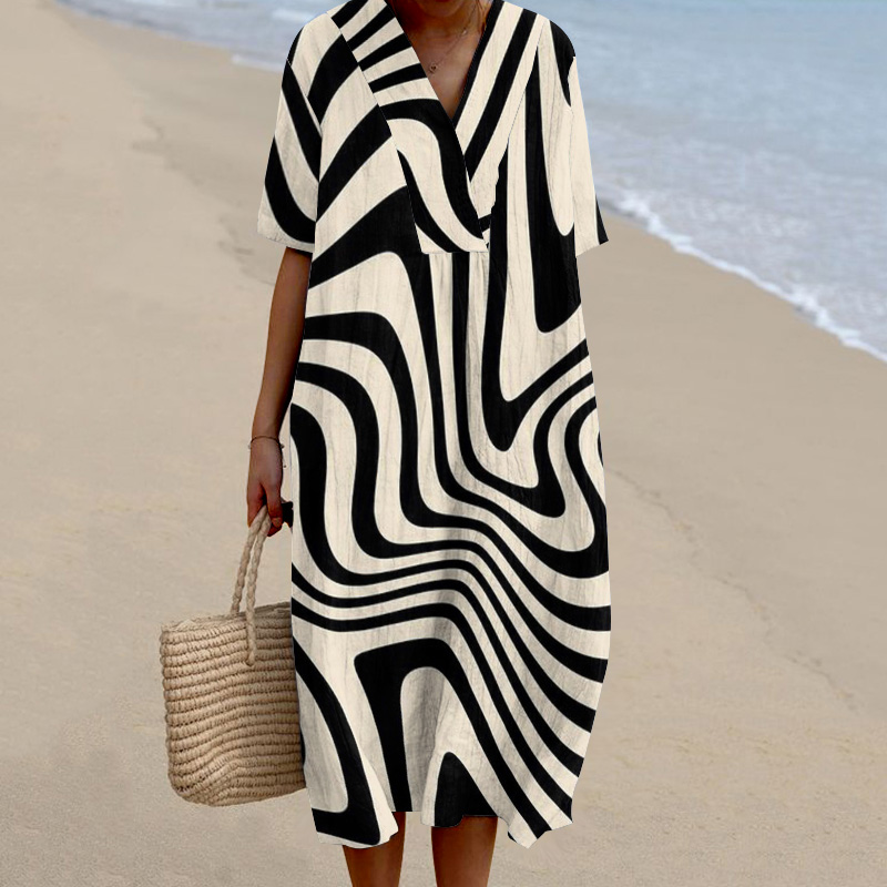 Abstract Striped Art Print V-Neck V-Neck Loose Midi Dress