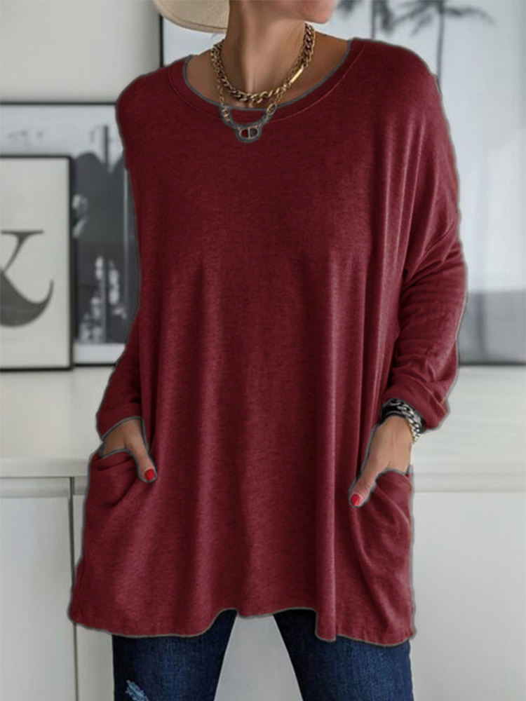 Solid Pocket Round Neck Long Sleeve T Shirt