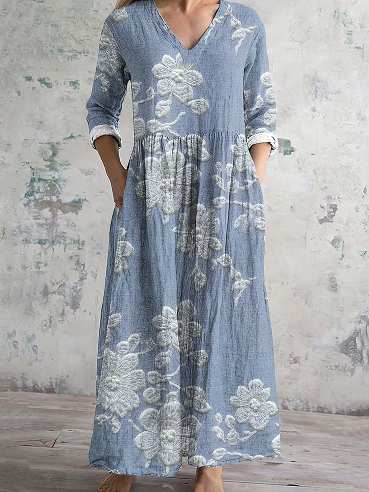 Embroidered Flower Print V-Neck Midi Dress