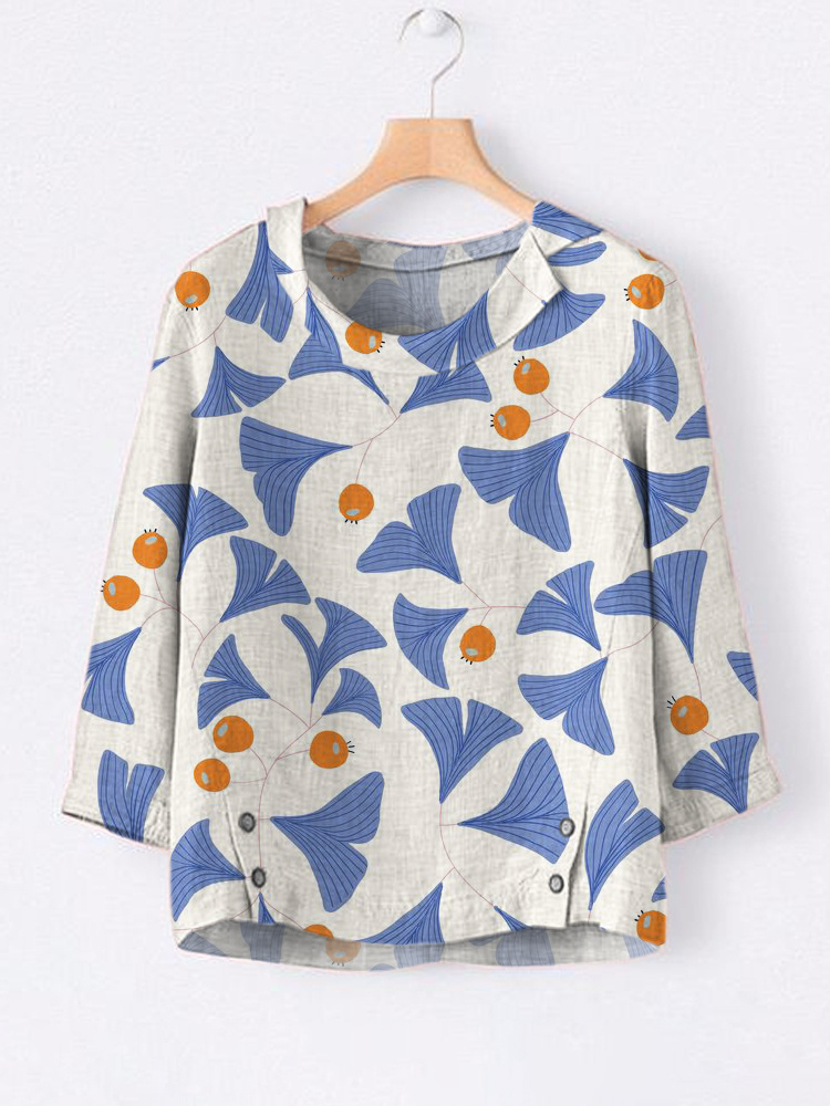 Japanese Ginkgo Biloba Pattern Linen Lapel Loose Shirt