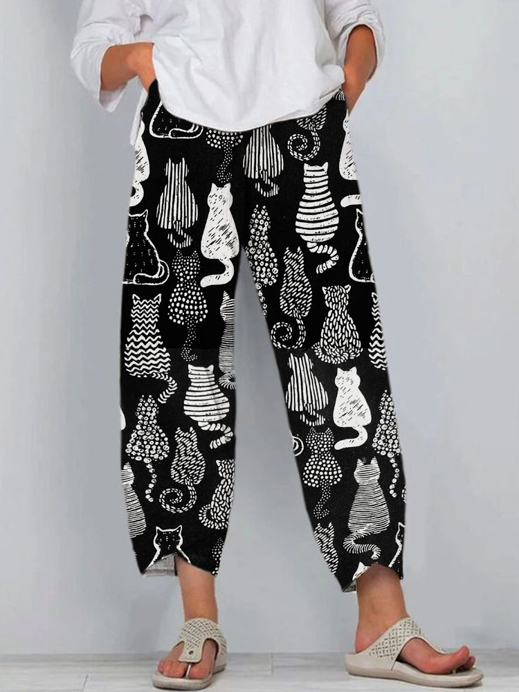 Black and White Cat Line Print Linen Casual Pants