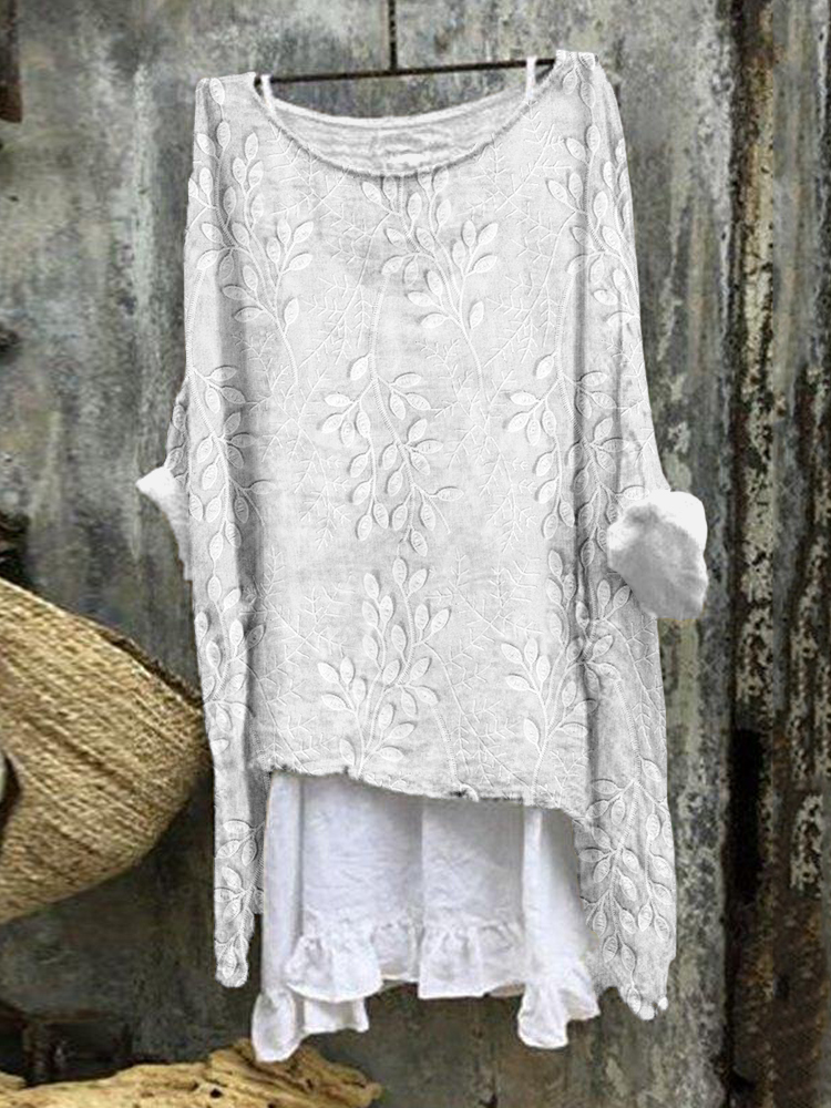 Leaves Embroidered Linen Blend Flowy Tunic