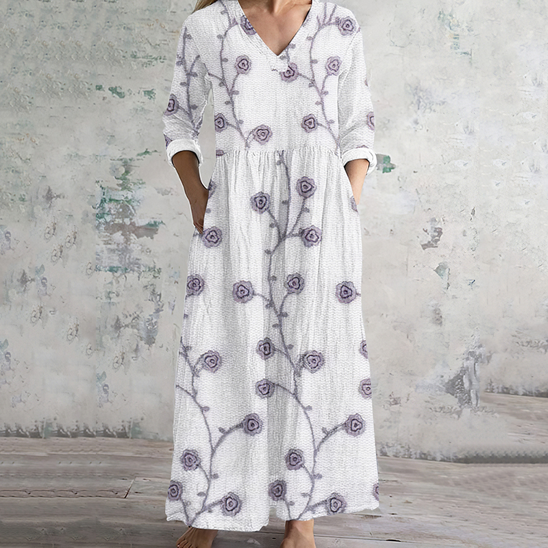 Vintage Cotton And Linen Floral Print Women's Dress