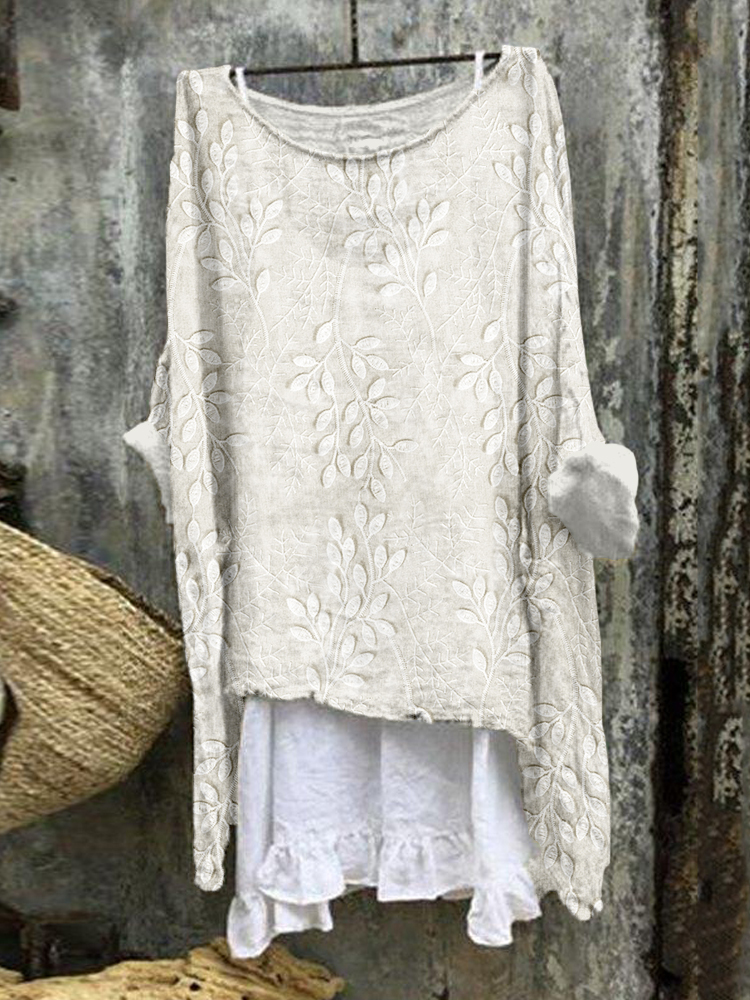 Leaves Embroidered Linen Blend Flowy Tunic
