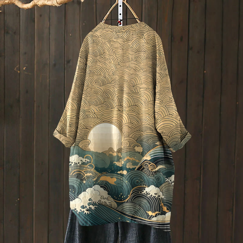 Japanese Art Print Linen Blend Casual Cardigan