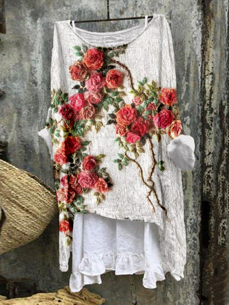 Romantic Roses Embroidered Linen Blend Flowy Tunic