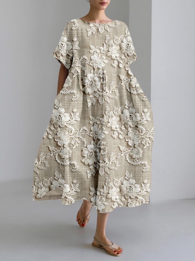 Vintage Floral Lace Embroidered Linen Blend Maxi Dress