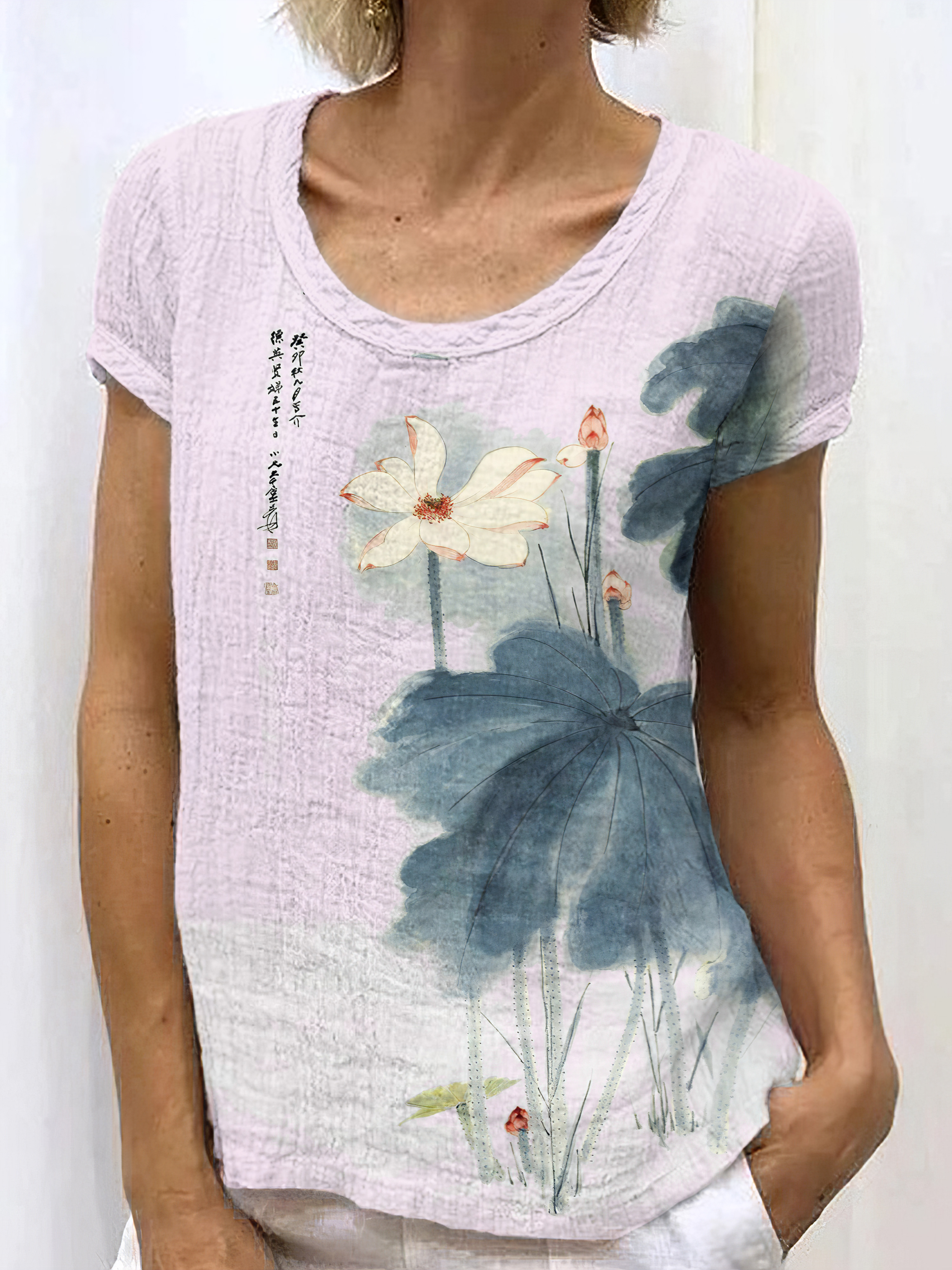 Japanese Retro Orchid Ink Wash Painting Art Linen Casual T-Shirt