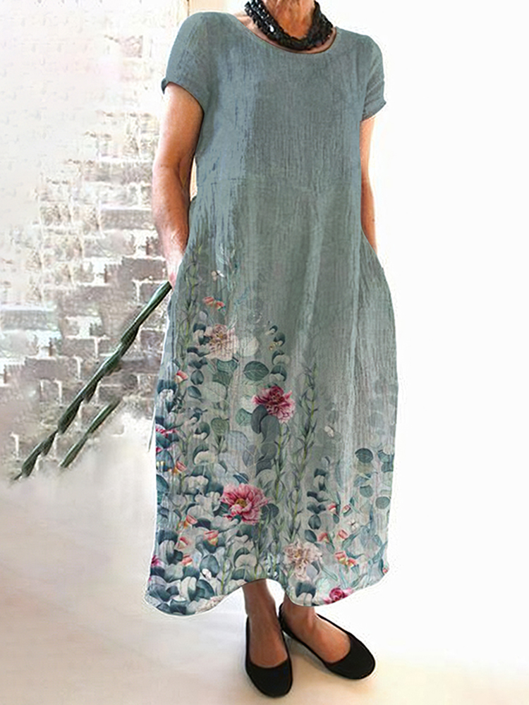 Casual Loose Botanical Floral Print Linen Midi Dress
