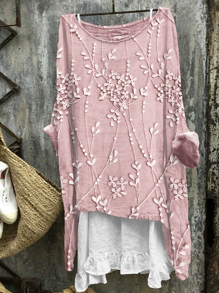 Classy Floral Lace Embroidered Oversize Linen Blend Tunic