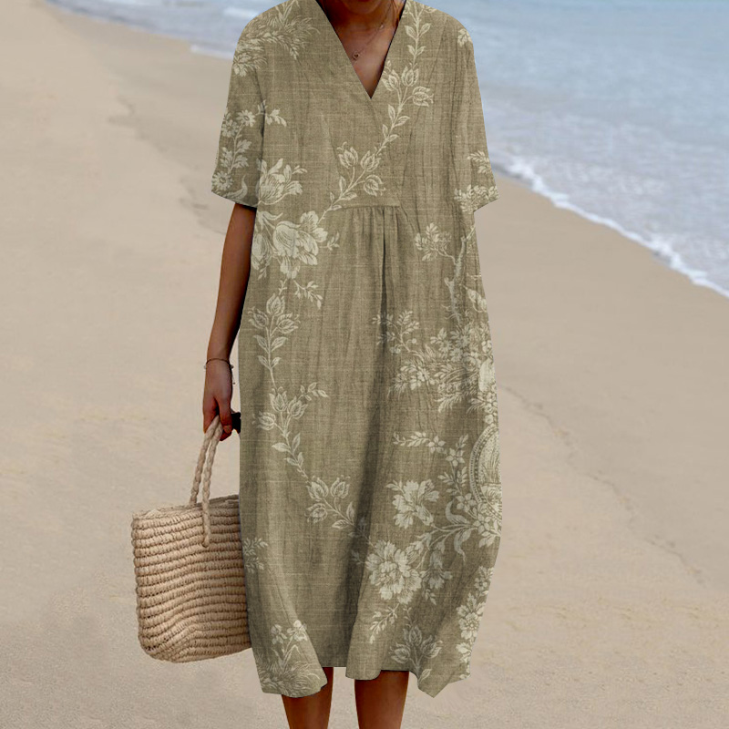 Vintage Floral Print V-Neck Loose Midi Dress