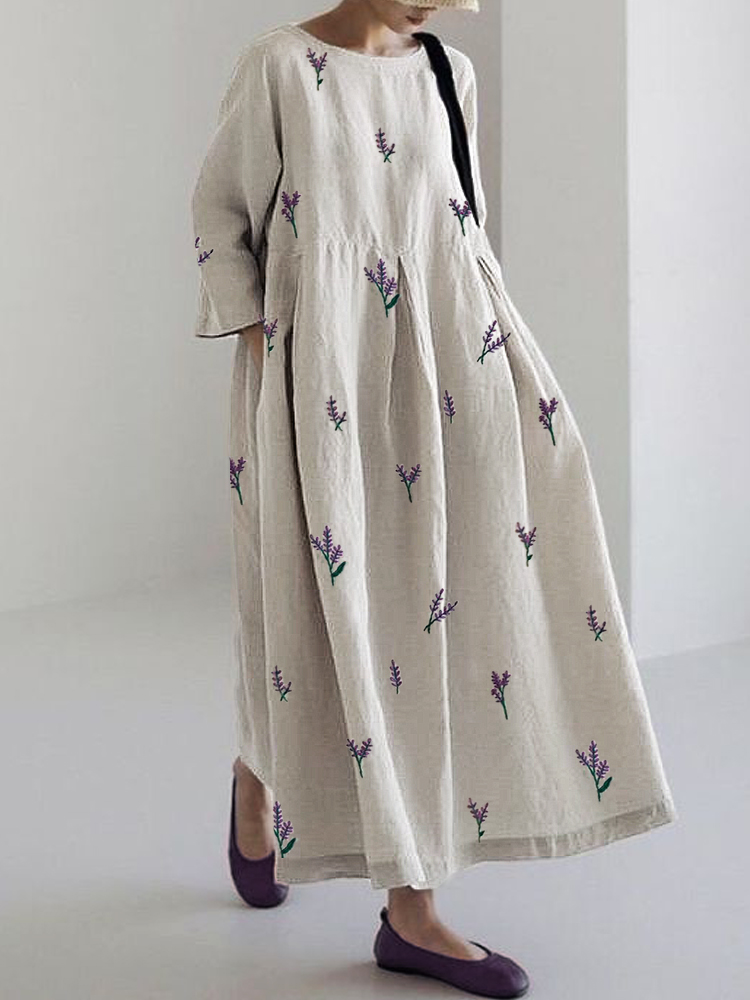 Lavender Floral Embroidery Pattern Linen Blend Maxi Dress