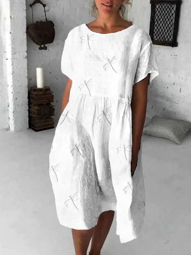 Women'S Vintage Dragonfly Embroidery Art Casual Mini Dress