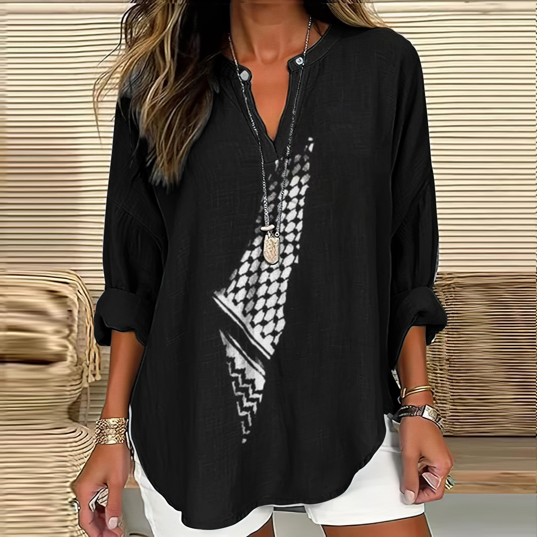 I Hope Peace Forever Pattern Linen Blend Cozy Tunic