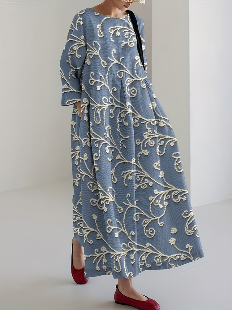 Embroidered Art Print Casual Midi Dress