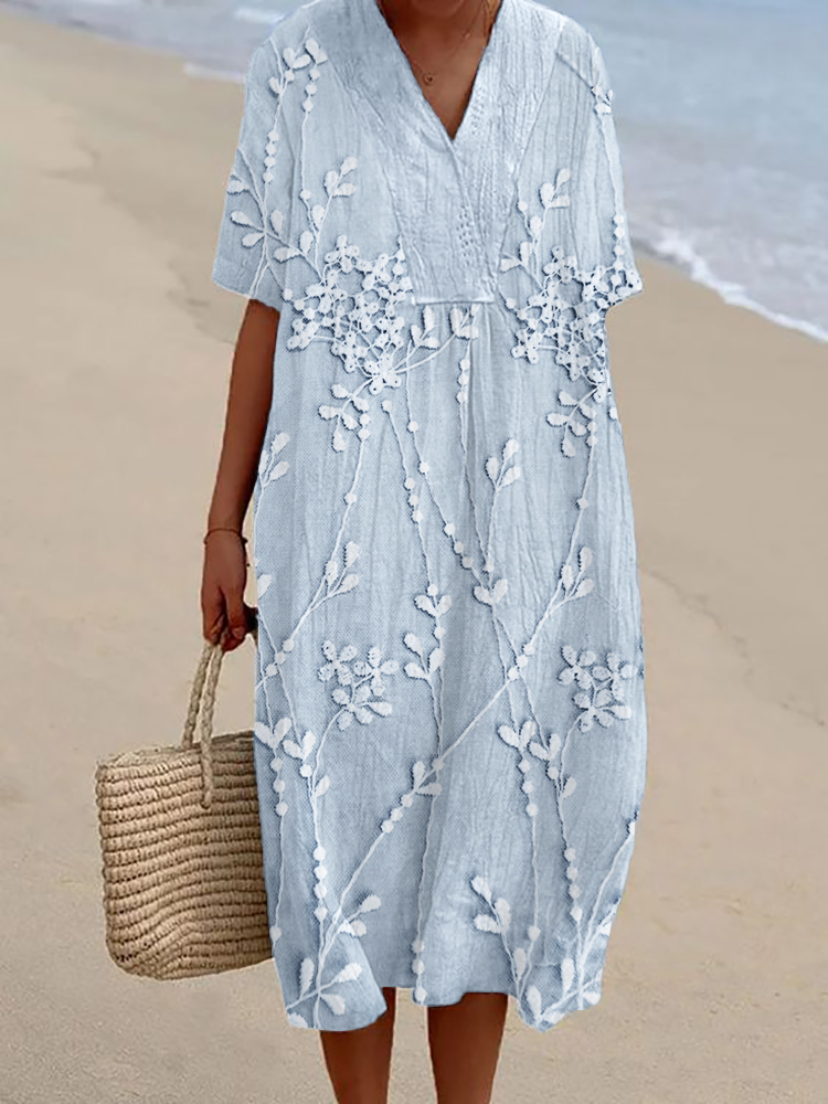 Classy Floral Lace Embroidered V Neck Linen Blend Dress