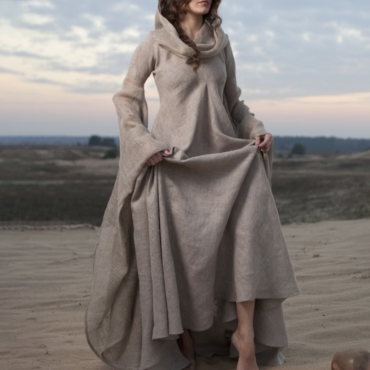 Retro Mid World Large Skirt Hooded Maxi Dress