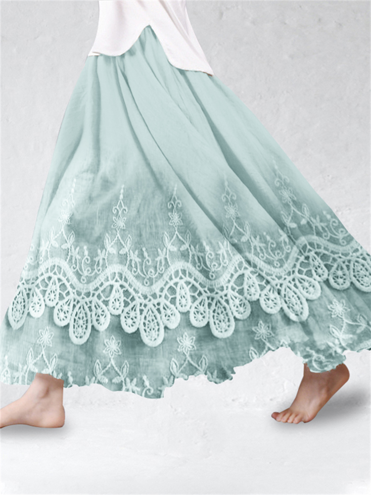Vintage Floral Lace Hem Linen Blend Flowy Skirt