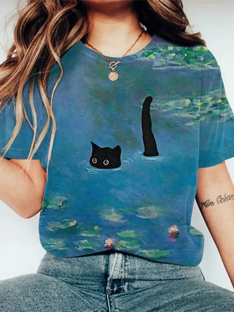 Women's Oil Painting Cat Print T-Shirt