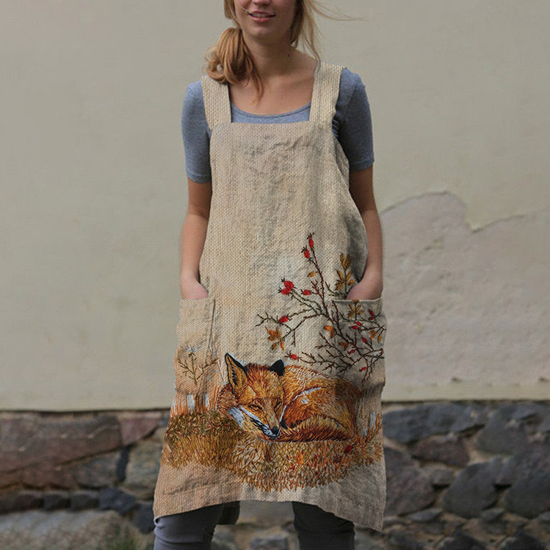 Vintage Forest Fox Print Apron Midi Dress
