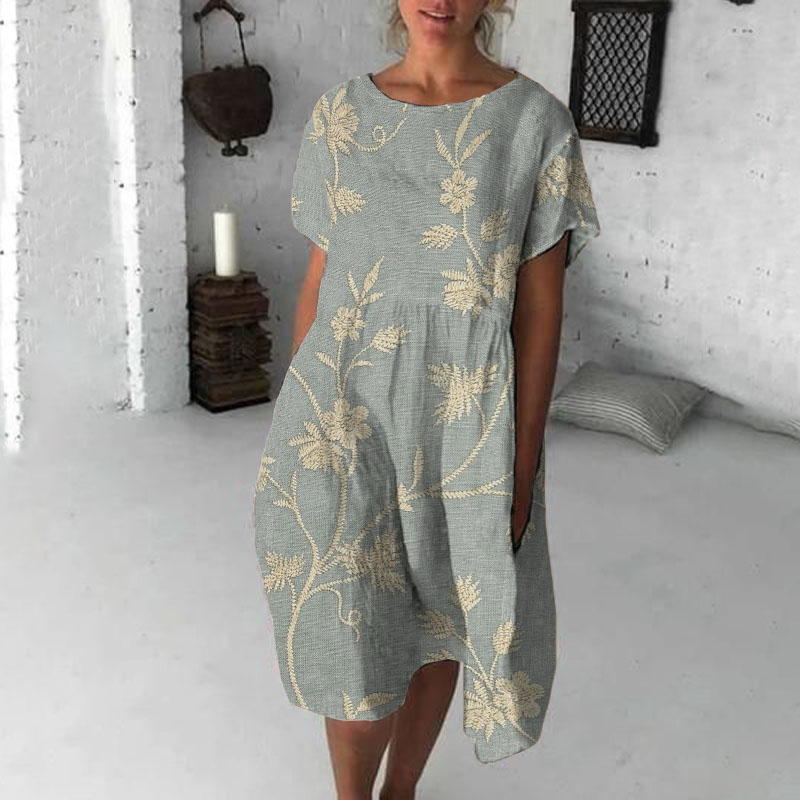 Women'S Retro Floral Print Cotton Linen Round Neck Midi Dress