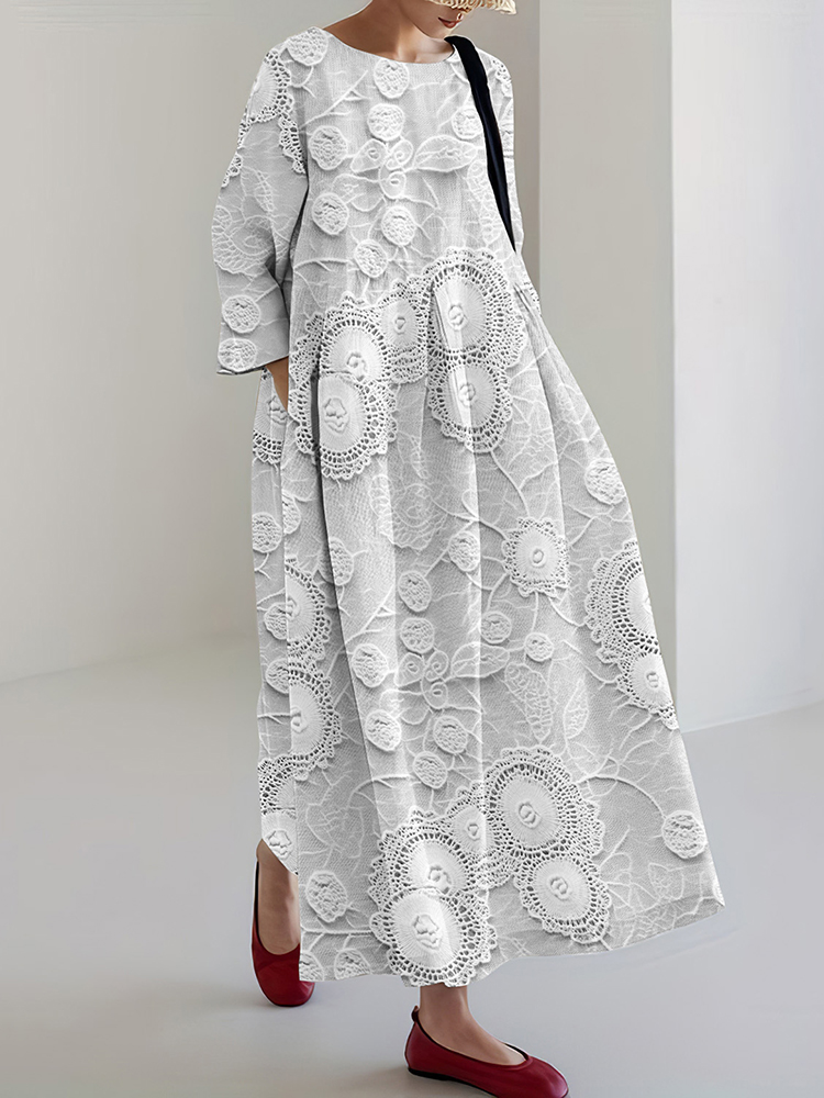 Lace Floral Print Crew Neck Midi Dress