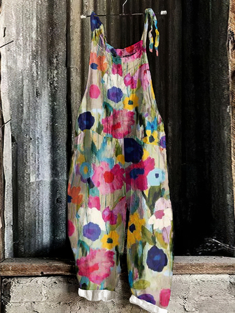 Vintage Colorful Floral Linen Blend Loose Casual Jumpsuit