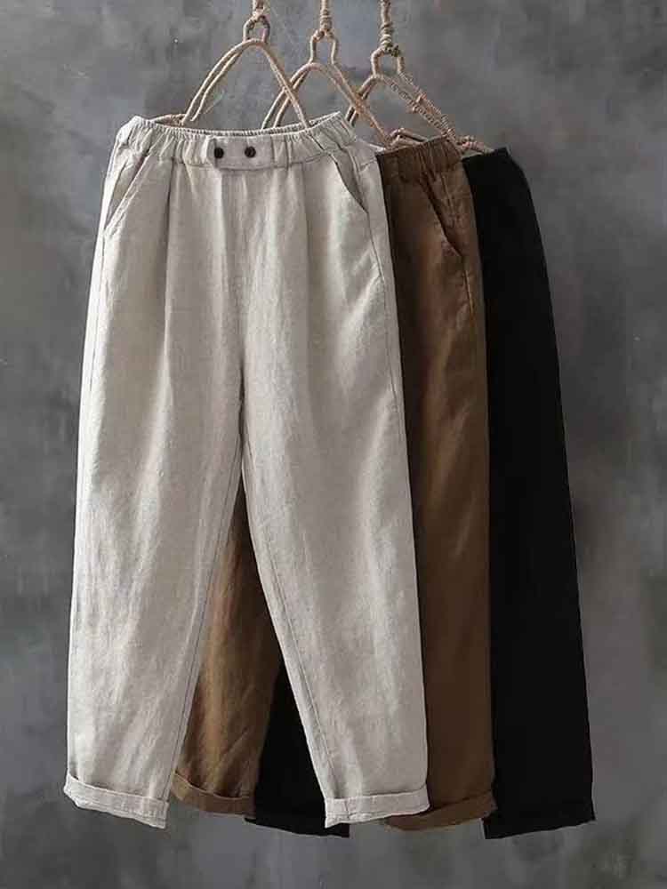 Women's Simple Linen Blend Elastic Waist Casual Pants