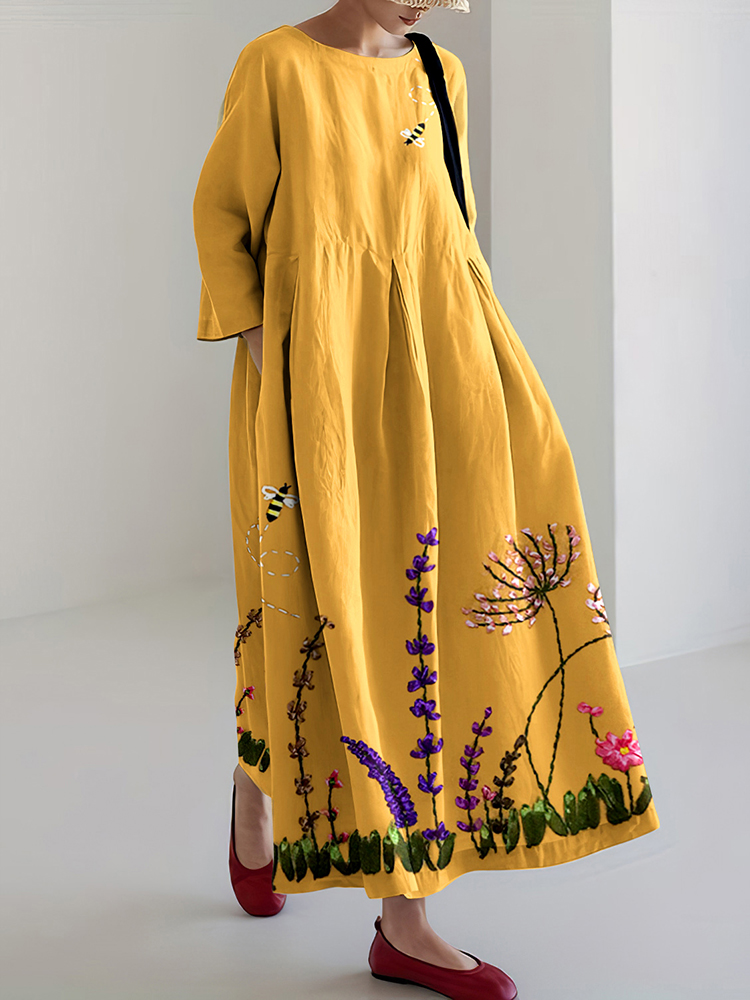 Cozy Floral Bee Embroidery Art Linen Blend Comfy Maxi Dress