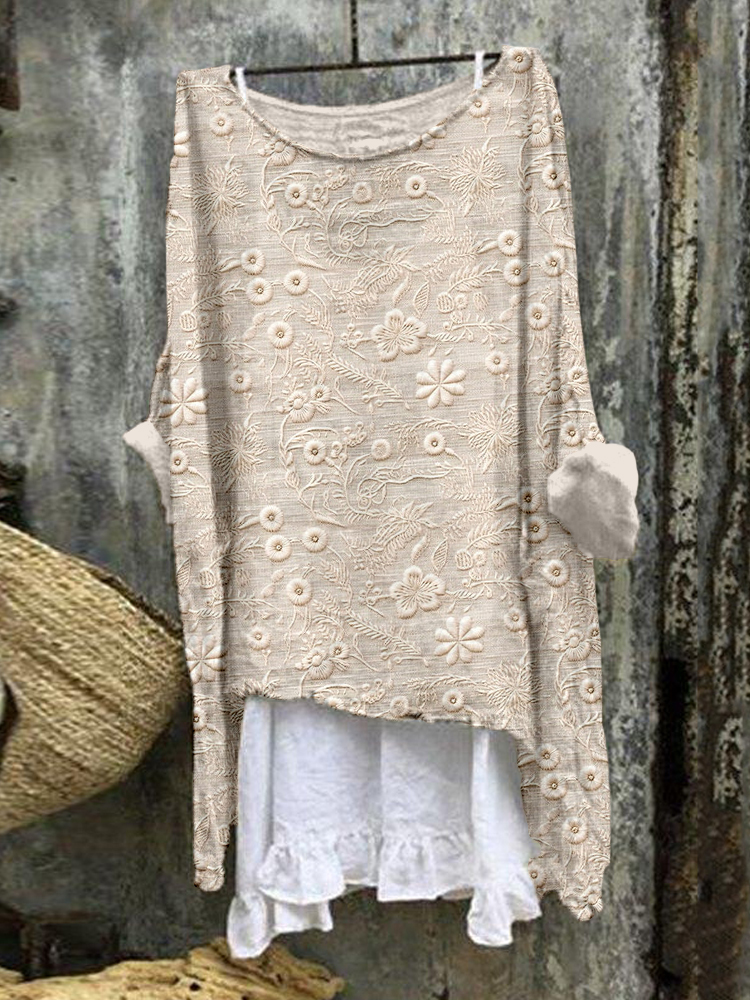 Vintage Floral Embroidered Linen Blend Flowy Tunic