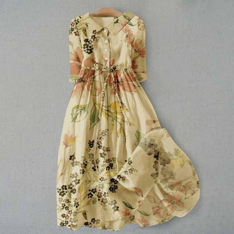 Elegant Japanese Art Floral Print Lace-up Casual Midi Dress