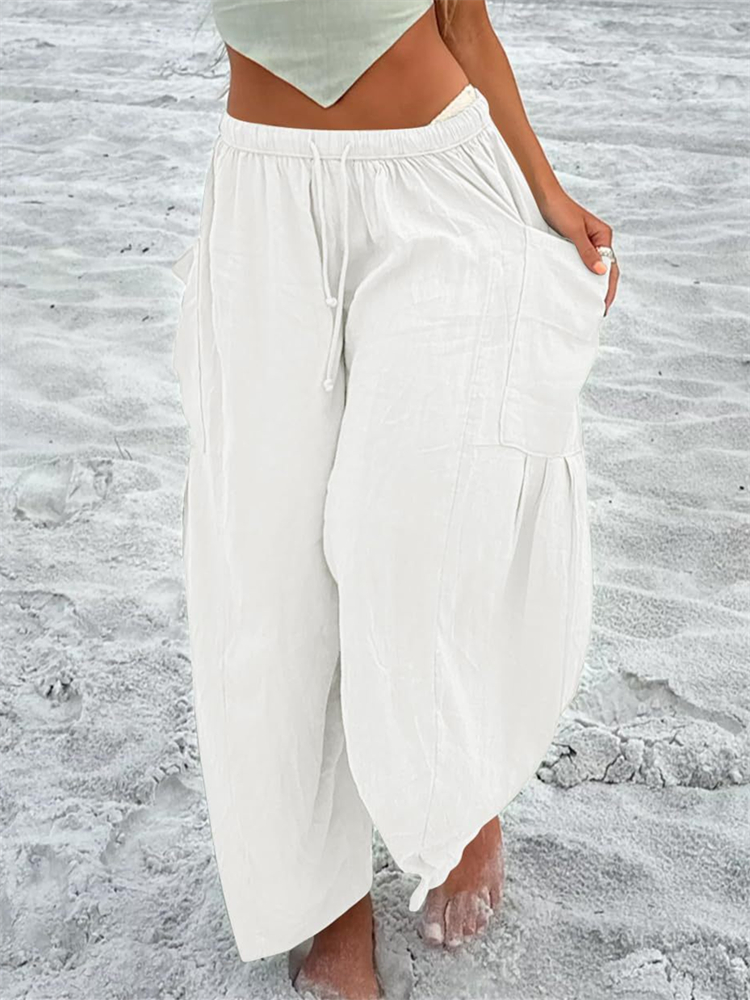 Patch Pockets Pleated Flowy Wide Leg Pants