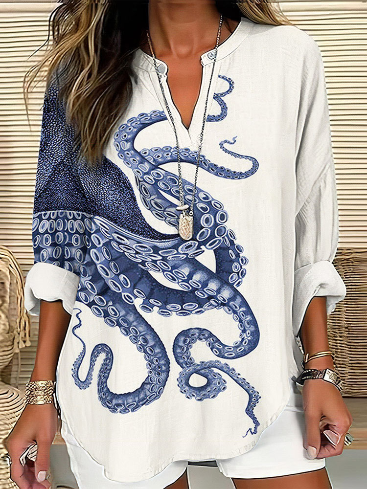 Japanese Art Octopus Print V-Neck Loose Blouse