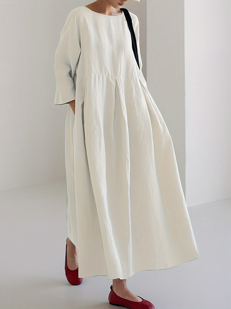 Women's Solid Color Cotton Linen Print Maxi Dress