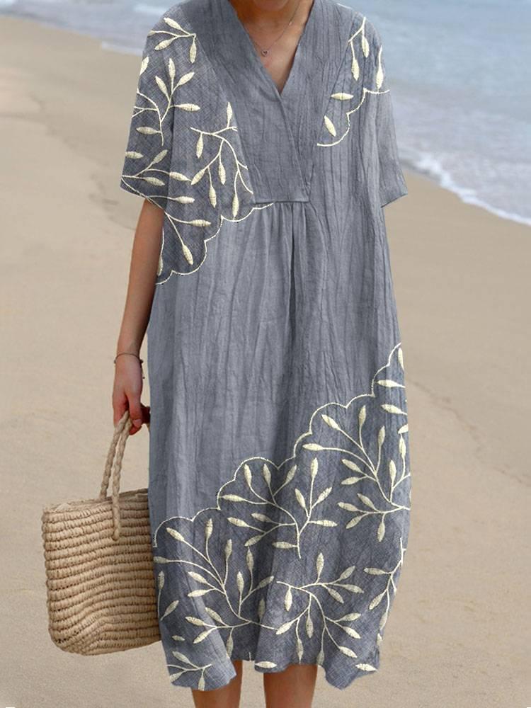 Leaf Embroidery Pattern Linen Blend Dress