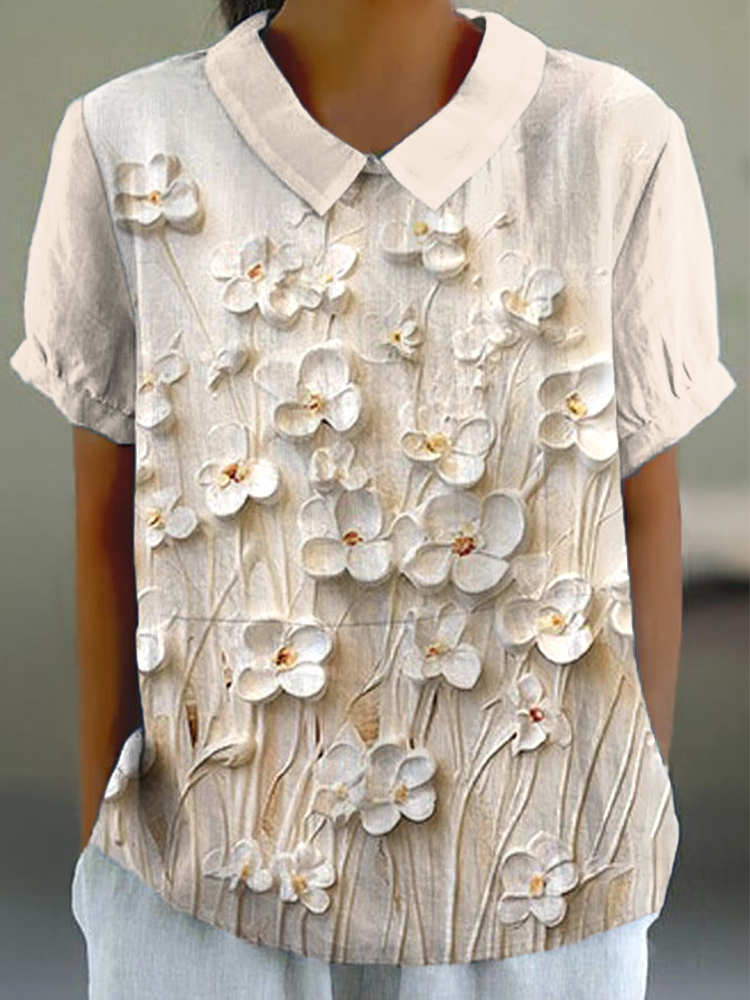 Oil Painting Floral Art Print Linen Blend Shirt