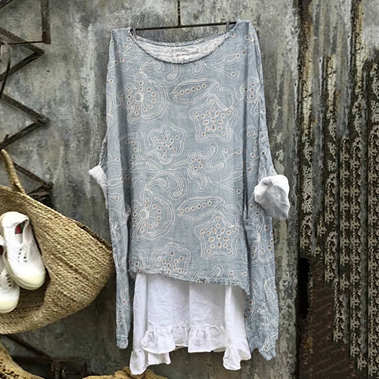 Embroidered Floral Print Linen Blend Blouse