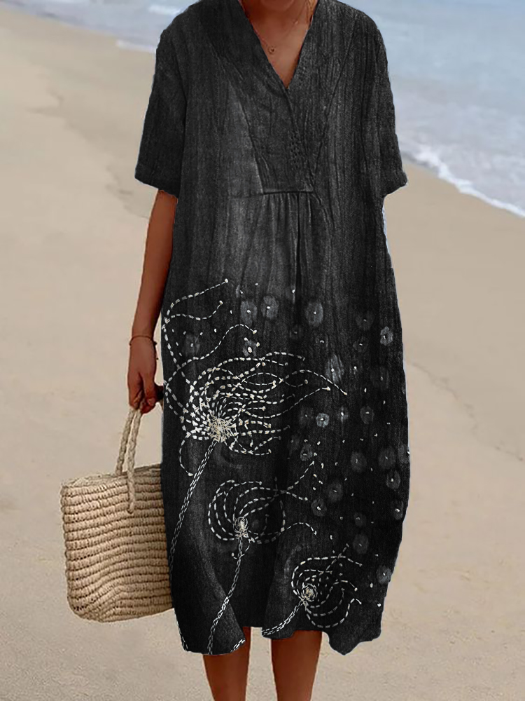 Dandelion Embroidered Denim Color Linen Blend Dress