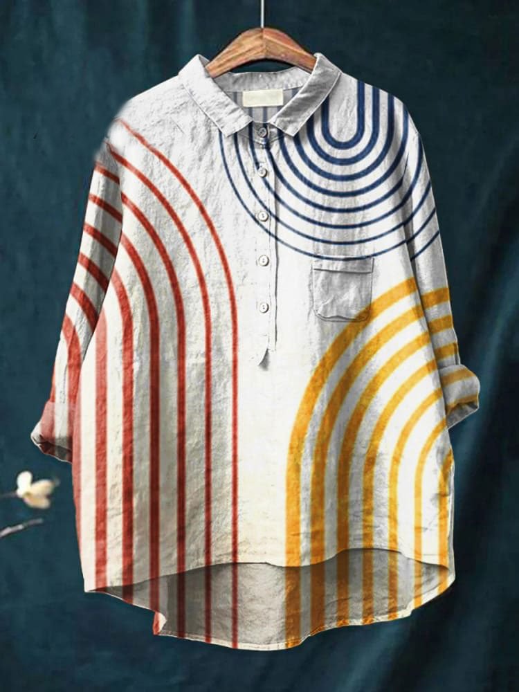 Striped Art Print Long Sleeve Casual Shirt