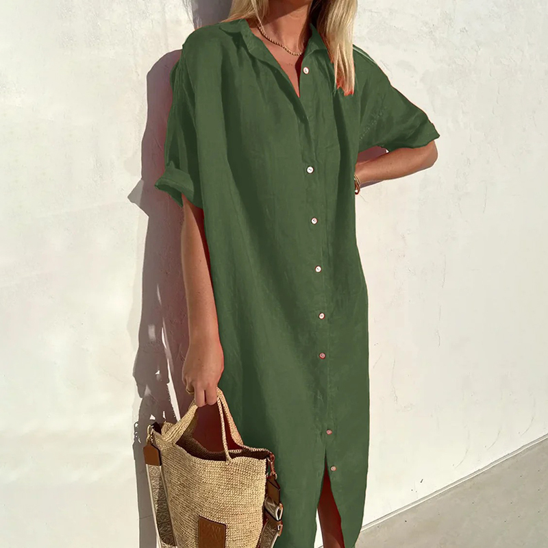 Button Down Comfy Linen Cotton Midi Dress