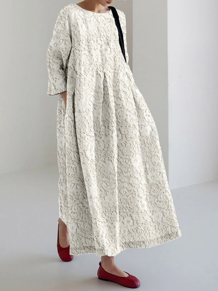Vintage Floral Lace Embroidered Linen Blend Maxi Dress