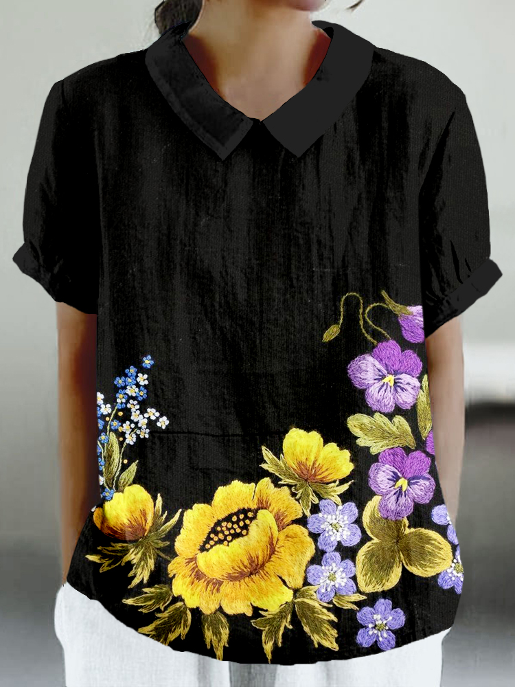 Floral Embroidered Linen Blend Cozy Shirt