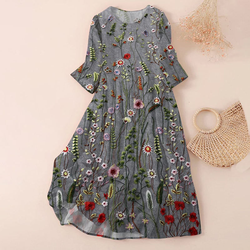 Women's Vintage Floral Embroidery Design Printed Dress
