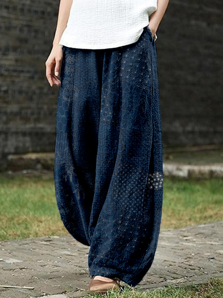 Japanese Traditional Sashiko Art Linen Blend Casual Pants
