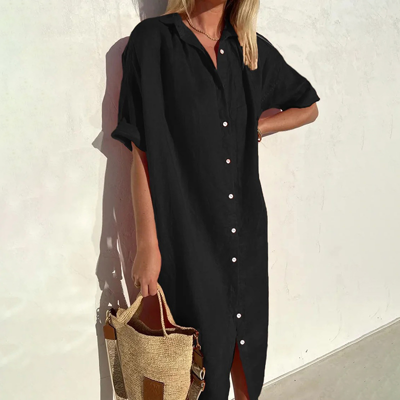 Button Down Comfy Linen Cotton Midi Dress