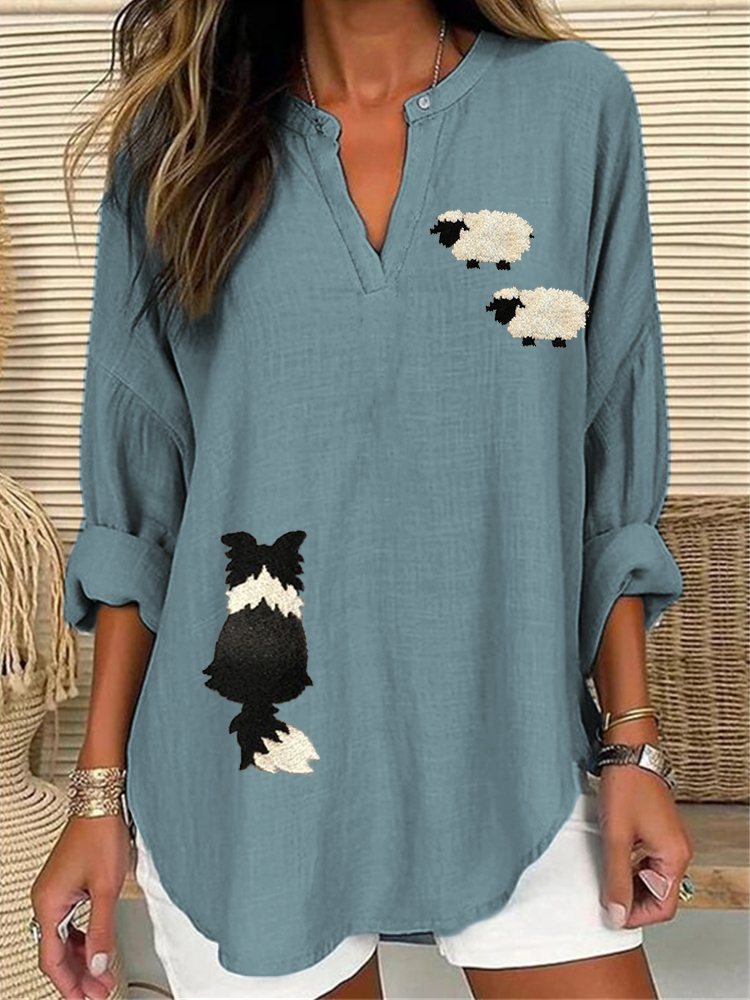 Border Collie & Sheep Embroidered Linen Blend Tunic