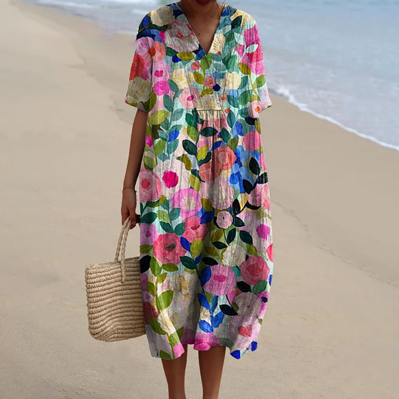 Colorful Spring Floral Garden Printed Cotton Linen Dress